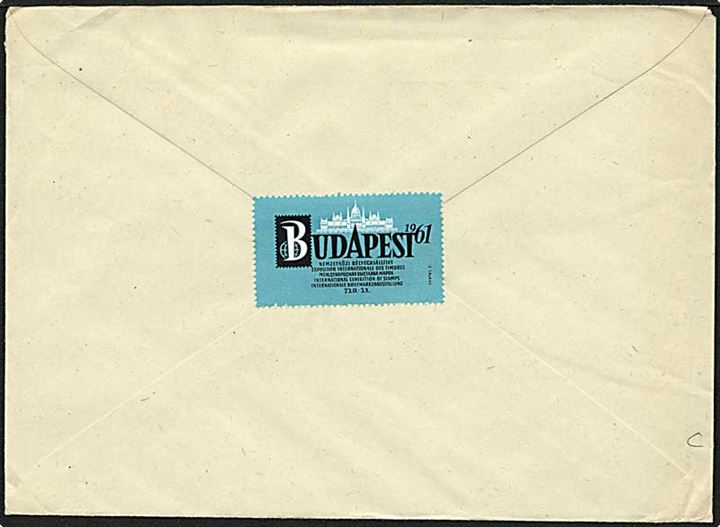 1 Ft. blå på brev fra Budapest d. 15.7.1960 til Odense. Mærkat for udstilling i Budapest på bagsiden.