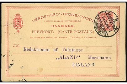 10 øre Våben helsagsbrevkort fra Kjøbenhavn d. 1.4.1899 til Mariehamn, Åland, Finland. På bagsiden ank.stemplet med 2-sproget stempel Mariehamn d. 6.4.1899. Nålehul.