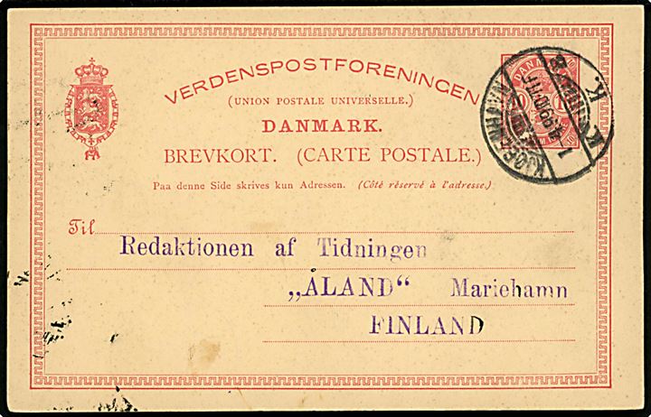 10 øre Våben helsagsbrevkort fra Kjøbenhavn d. 1.4.1899 til Mariehamn, Åland, Finland. På bagsiden ank.stemplet med 2-sproget stempel Mariehamn d. 6.4.1899. Nålehul.