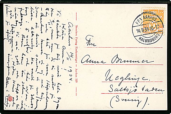 10 øre Bølgelinie på brevkort fra Aarhus annulleret med brotype IIc skibsstempel Fra Aarhus / Kalundborg d. 14.11.1934 til Saltsjöbaden, Sverige. 