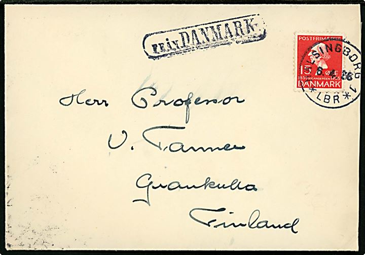 15 øre H. C. Andersen på brev annulleret med svensk stempel i Hälsingborg d. 6.4.1936 og sidestemplet Från Danmark til Grankulla, Finland.