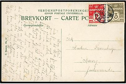 2 øre og 3 øre Bølgelinie på brevkort annulleret med stjernestempel BJERGE J. til Juelsminde. 