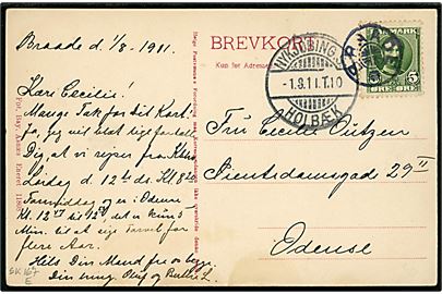5 øre Fr. VIII på brevkort (Egebjerg Mølle) annulleret med stjernestempel BRAADE og sidestemplet bureau Nykjøbing. S. - Holbæk T.10 d. 1.8.1911 til Odense.