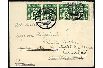 5 øre Bølgelinie i vandret 4-stribe på brev fra Hellerup d. 15.2.1913 til Rom, Italien - eftersendt til Amalfi.