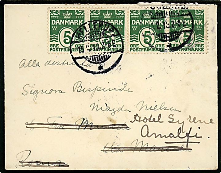 5 øre Bølgelinie i vandret 4-stribe på brev fra Hellerup d. 15.2.1913 til Rom, Italien - eftersendt til Amalfi.