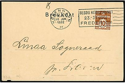 10 øre Bølgelinie på brevkort annulleret med TMS København K. / Besøg Købestævnet 23.-31. Juli Fredericia d. 10.6.1932 til Linaa Sogneraad pr. Laven.