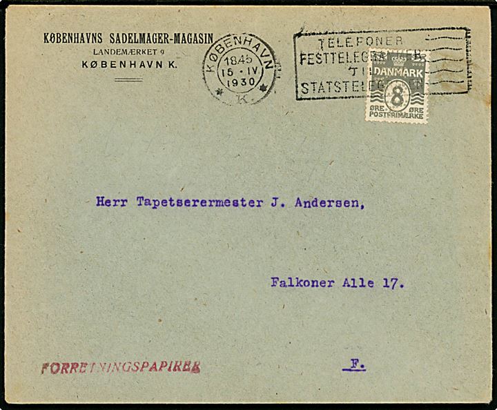 8 øre Bølgelinie med perfin K.S.M. på lokal forretningspapirer med indhold fra Københavns Sadelmager-Magasin i København d. 15.4.1930.