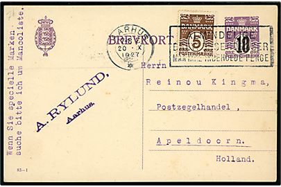 10/12 øre provisorisk helsagsbrevkort (fabr. 83-I) opfrankeret med 5 øre Bølgelinie fra Aarhus d. 20.10.1927 til Apeldoorn, Holland.