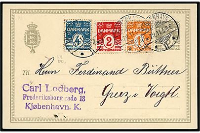 3 øre helsagsbrevkort opfrankeret med 1 øre, 2 øre og 4 øre Bølgelinie fra Kjøbenhavn * II. * d. 7.12.1911 til Greiz, Tyskland.