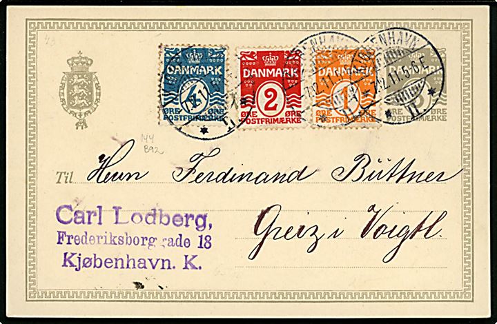 3 øre helsagsbrevkort opfrankeret med 1 øre, 2 øre og 4 øre Bølgelinie fra Kjøbenhavn * II. * d. 7.12.1911 til Greiz, Tyskland.