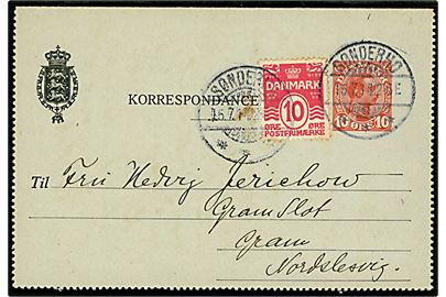 10 øre Chr. X helsagskorrespondancekort opfrankeret med 10 øre Bølgelinie annulleret med brotype Ia Sønderho d. 16.7.1914 til Gram Slot pr. Gram i Nordslesvig. Bemærk at der ikke benyttes Tyskland i adressen.
