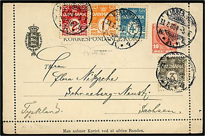 10 øre Fr. VIII helsags korrespondancekort med fuld rand opfrankeret med 1 øre, 2 øre, 3 øre og 4 øre Bølgelinie fra Kjøbenhavn d. 30.12.1910 til Schneeberg, Tyskland.