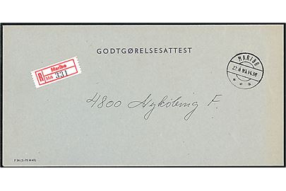 Ufrankeret fortrykt kuvert Godtgørelsesattest - formular F36 (2-75 M65) - sendt anbefalet fra Maribo d. 22.8.1983 til Nykøbing F.