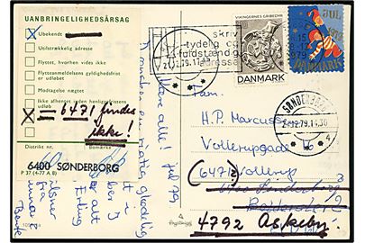 110 øre Gribedyr og Julemærke 1979 på julekort fra Stege d. 18.12.1979 til 6471 Vollerup. Ubekendt i Sønderborg pga. ukendt postnummer og eftersendt til 4792 Askeby.