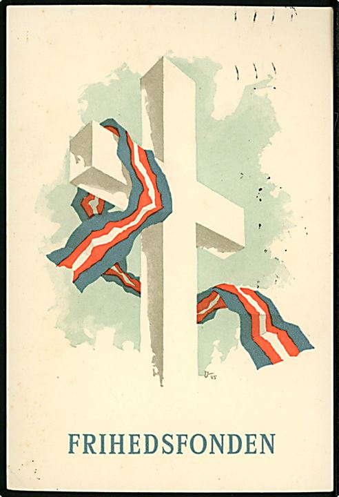 7 øre Bølgelinie og 4.Maj-Dagen mærkat på Frihedsfonden brevkort sendt som lokal tryksag i Skive d. 4.5.1946.