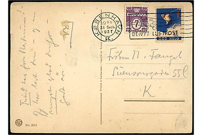 7 øre Bølgelinie og SVENSK Julemærke 1937-38 på lokalt brevkort i København d. 31.12.1937.
