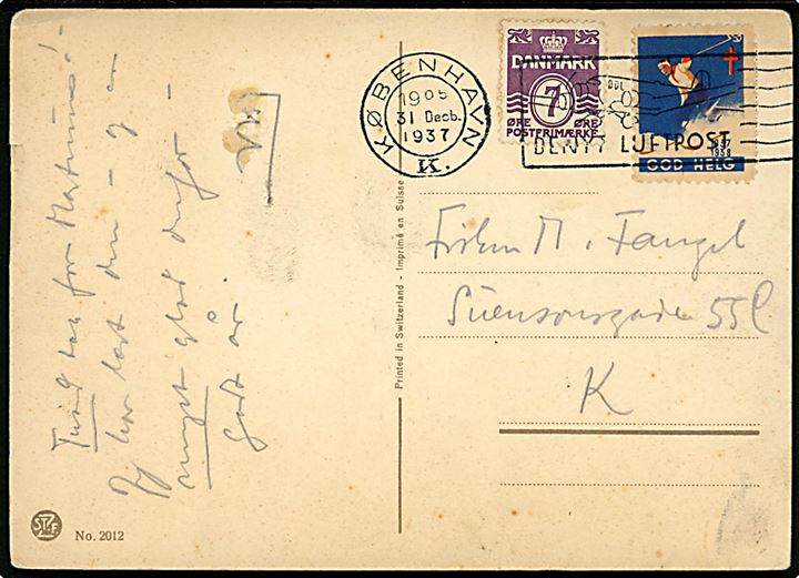 7 øre Bølgelinie og SVENSK Julemærke 1937-38 på lokalt brevkort i København d. 31.12.1937.