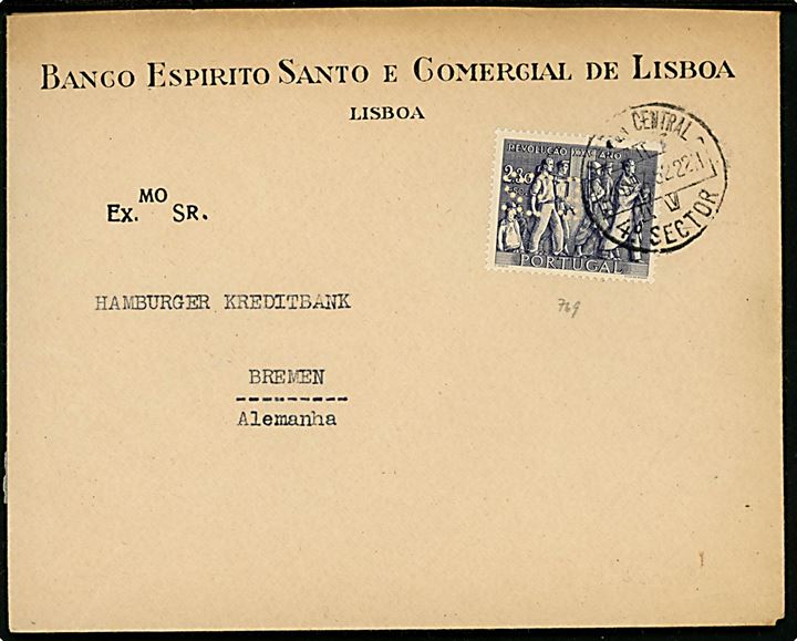 2$30 med perfin B.E.S. på firmakuvert fra Banco Espirito Santo e Comercial i Lissabon d. 24.12.1952 til Bremen, Tyskland.