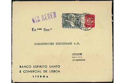 1$20 og 2$30 med perfin B.E.S. på firmakuvert fra Banco Espirito Santo e Comercial sendt som luftpost fra Lissabon d. 17.7.1953 til Bremen, Tyskland.