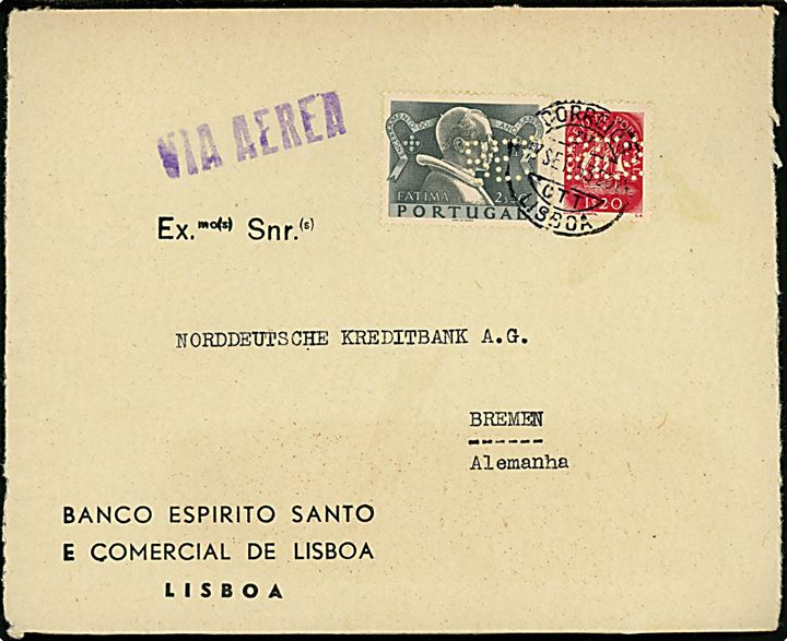 1$20 og 2$30 med perfin B.E.S. på firmakuvert fra Banco Espirito Santo e Comercial sendt som luftpost fra Lissabon d. 17.7.1953 til Bremen, Tyskland.
