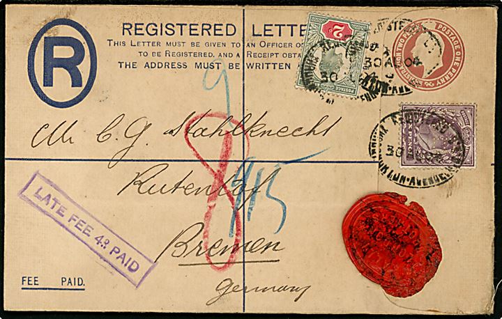 2d+1d Edward VII anbefalet helsagskuvert opfrankeret med 2d og 6d Edvard VII med perfin R.B. fra firma Ralli Brothers i London d. 30.8.1904 til Bremen, Tyskland. Rammestempel LATE FEE 4d. PAID.