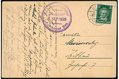 8 pfg. Beethoven på brevkort (Salonschnelldampfer Rugard) annulleret Binz (Rügen) d. 7.9.1928 og sidestemplet Salonschnelldampfer Rugard Auf hoher See d. 6.9.1928 til Zittau.