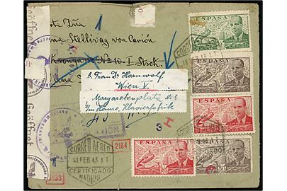 25 cts. (2), 50 cts. (2) og 2 pts. Luftpost på anbefalet luftpostbrev fra Madrid d. 11.2.1943 til Wien, Tyskland. Åbnet af både spansk censur i Madrid og tysk censur i München.