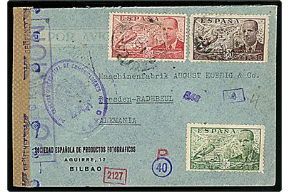 25 cts., 50 cts. og 2 pts. Luftpost på luftpostbrev fra Bilbao 1942 via Madrid til Dresden, Tyskland. Lokal spansk censur fra Bilbao og åbnet af tysk censur i München.