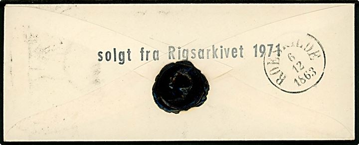 4 sk. Stukken kant på brev annulleret med nr.stempel 6 og sidestemplet lapidar Aabenraa d. 6.12.1863 til Skuldelöv pr. Roeskilde.