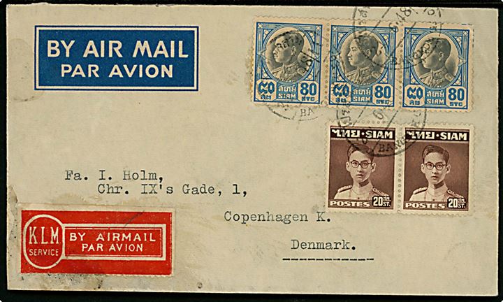 20 st. (par) og 80 stc. (3-stribe) på luftpostbrev med rød KLM Service luftpost etiket fra Bangkok d. 24.6.1948 til København, Danmark.