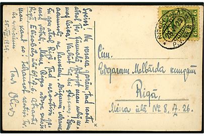 6 s. Våben på brevkort annulleret med ovalt bureaustempel Ritupe - Riga P. V. No. 8 a d. 26.8.1929 til Riga.