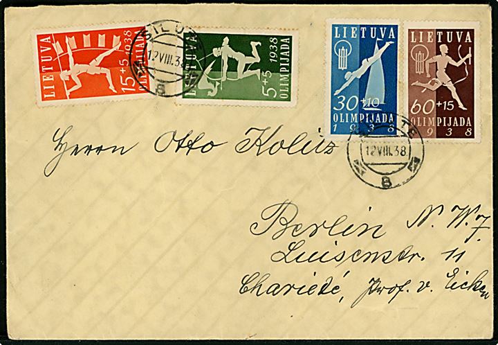 Komplet sæt 1. Nationale Olympiade på brev fra Silute d. 12.8.1938 til berlin, Tyskland.