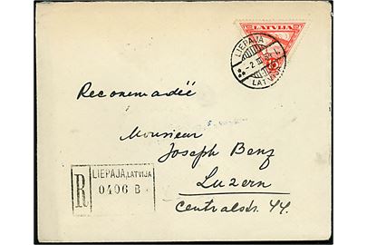 15 s. 3-kantet Luftpost udg. i single og 4-blok på for- og bagside af anbefalet brev fra Liepaja d. 2.3.1934 til Luzern, Schweiz.