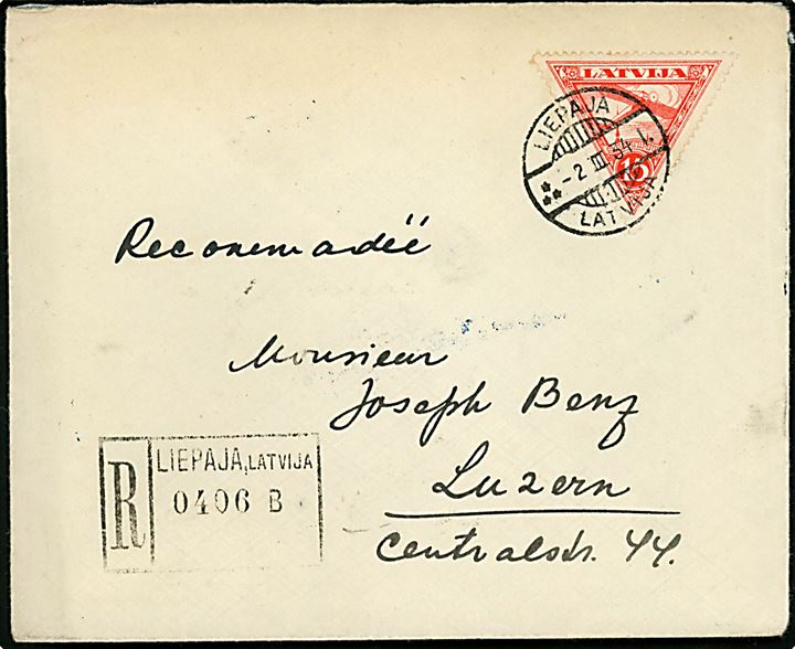 15 s. 3-kantet Luftpost udg. i single og 4-blok på for- og bagside af anbefalet brev fra Liepaja d. 2.3.1934 til Luzern, Schweiz.