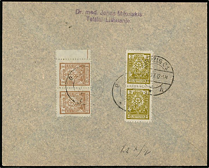 15 c. og 25 c. Basanavicius sørge udg. på anbefalet brev fra Telsiai d. 29.3.1927 til Leipzig, Tyskland.