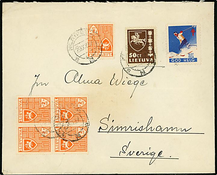 2 c. (5) og 50 c. Rytter, samt svensk Julemærke 1937-38 på brev fra Klaipeda d. 29.12.1937 til Simrishamn, Sverige. 