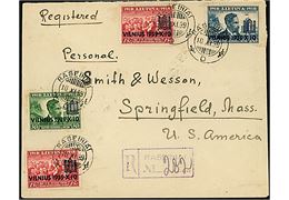 15 c. (2), 30 c. og 60 c. VILNIUS 1939-X-10 Provisorium på anbefalet brev fra Raseiniai d. 10.11.1939 via New York til Springfield, Mass., USA.