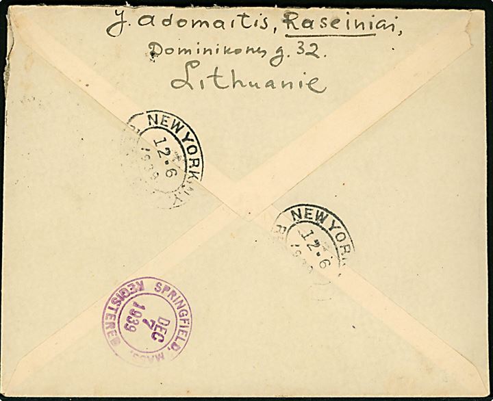15 c. (2), 30 c. og 60 c. VILNIUS 1939-X-10 Provisorium på anbefalet brev fra Raseiniai d. 10.11.1939 via New York til Springfield, Mass., USA.