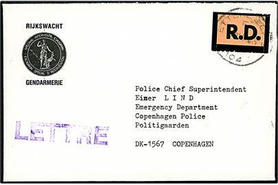 Belgisk tjenestebrev fra Rijkswacht/Gendarmerie med R.D. mærke annulleret Ette... d. 20.1.1988 til Københavns Politi, Danmark.