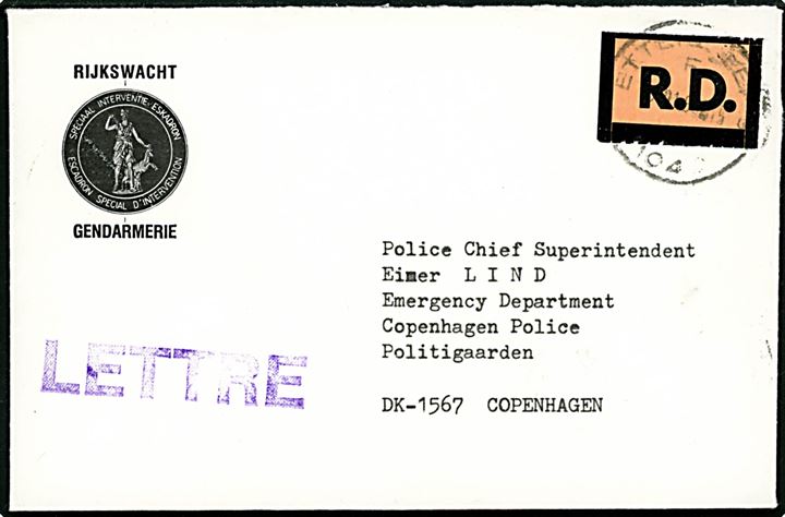 Belgisk tjenestebrev fra Rijkswacht/Gendarmerie med R.D. mærke annulleret Ette... d. 20.1.1988 til Københavns Politi, Danmark.