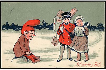 Nisse sidder og venter på juleposten og pige. Ukendt tegner. A. Vincent no. 134/6. Med 5 øre Chr. X annulleret bro I Svinninge d. 24.12.1914 til Ærøskøbing. 