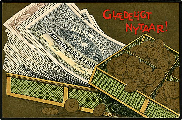 Nytårskort med pengesedler og mønter. A. Vincent serie no. 305/8.