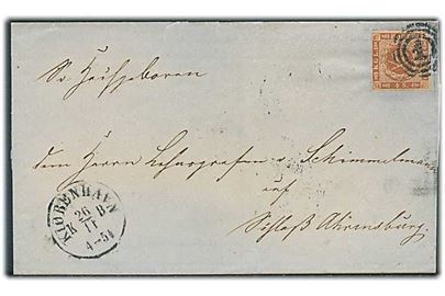 4 sk. 1858 udg. på brev annulleret med nr.stempel 1 og sidestemplet Kiøbenhavn d. 26.11.18xx til Ahrensburg. På bagsiden ank.stemplet Oldesloe.