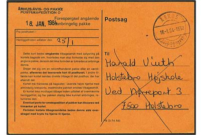 Postsag angående pakke sendt fra Århus d. 18.1.1984 til Holstebro. Århus/Avis og Pakke sn 1 brotypestempel, meget sjældent stempel.