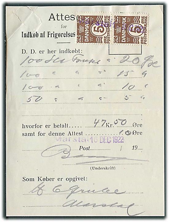 5 øre Bølgelinie i parstykke på Attest for Indkøb af Frigørelsesmidler annulleret med liniestempel Marstal d. 16.12.1922. Klippet i bunden.