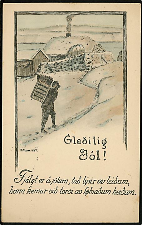 J. Olsen: Færøsk julekort. H. Jacobsen no. 34. Frankeret med 10 øre Bølgelinie og Julemærke 1934 annulleret med brotype IIIc Thorshavn d. 18.12.1934 til København.