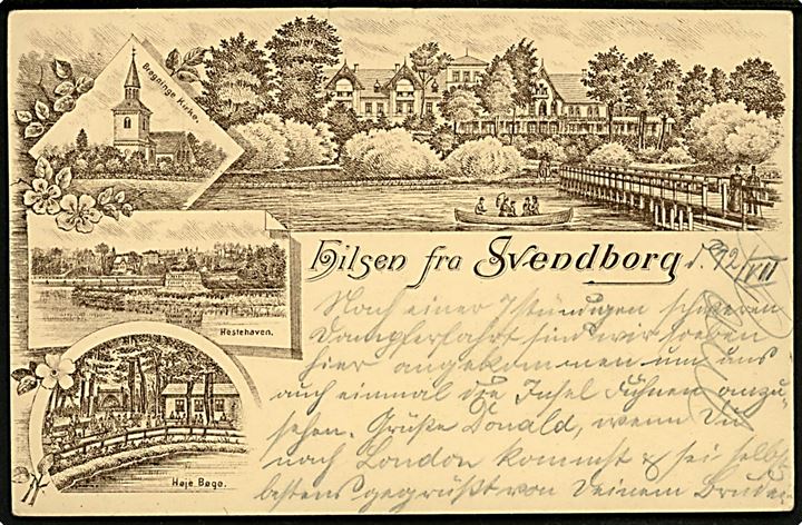 Svendborg, Hilsen fra med Christiansminde. U/no. Tiltryk på 10 øre Våben helsagsbrevkort sendt fra Svendborg d. 13.7.1896 til England.