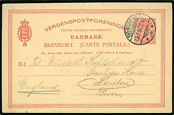 Svendborg, Hilsen fra med Christiansminde. U/no. Tiltryk på 10 øre Våben helsagsbrevkort sendt fra Svendborg d. 13.7.1896 til England.