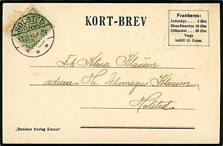 Betjent med brev. Kort-Brev Stenders u/no. Sendt lokalt i Holsted 1905.