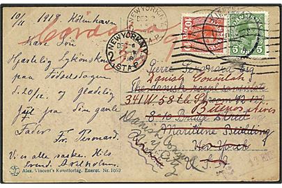 5 øre grøn og 10 øre rød Chr. X på postkort fra København d. 10.11.1918 til New York. Omadresseret til Buenos Aires.
